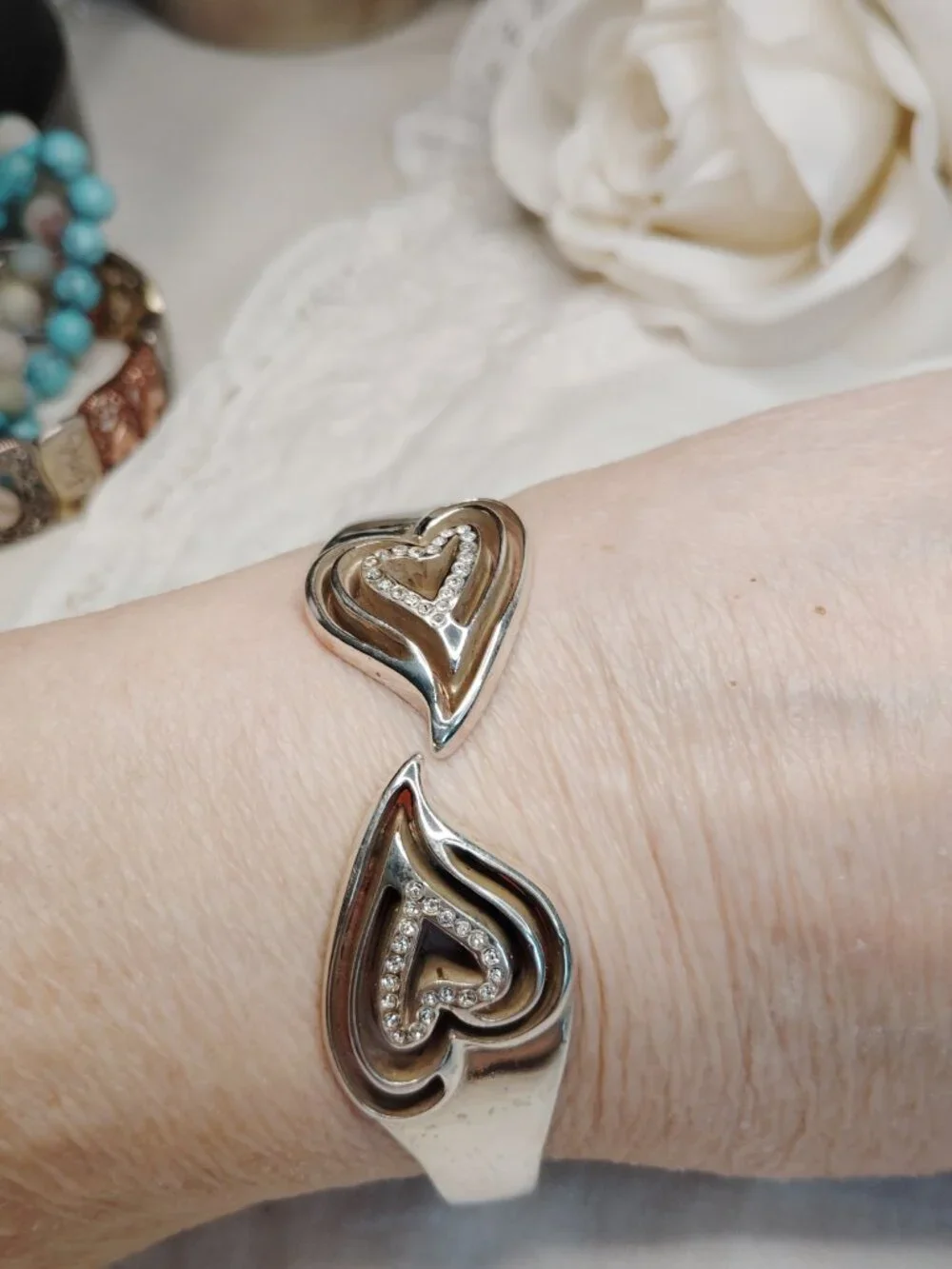 Brighton Double Heart Rhinestone Clamper Bracelet